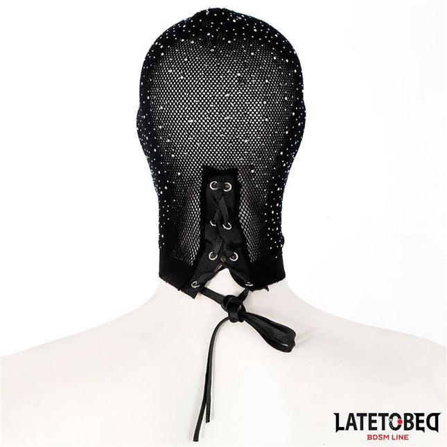 Lace Hood with Shiny Diamonds in black, adjustable one-size fit, featuring elegant lace design and discreet sparkle for luxury appeal.