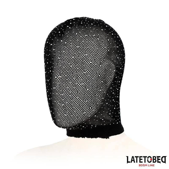 Black Lace Hood with Shiny Diamonds, adjustable fit for intimate moments, luxury design with refined aesthetics, product by Latetobeg.