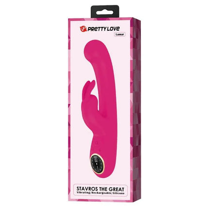 Lamar Vibrator G-Spot Rabbit Pink in packaging, dual-action for couples, silicone material.