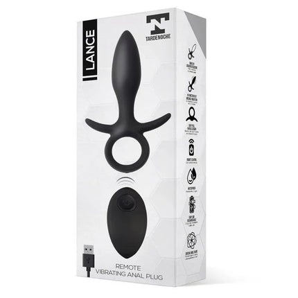 Packaging of Lance Anal Plug Remote Control Liquified Silicone USB with ergonomic design and 10 vibration functions for versatile pleasure.