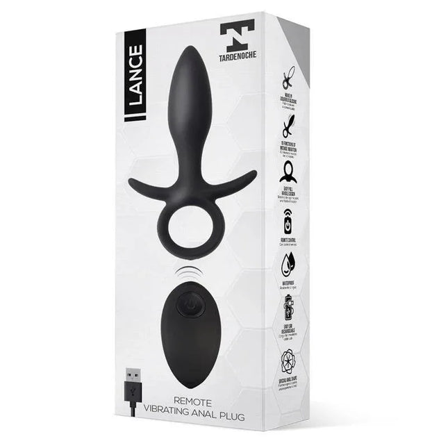 Packaging of Lance Anal Plug Remote Control Liquified Silicone USB with ergonomic design and 10 vibration functions for versatile pleasure.