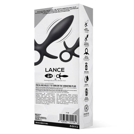 Packaging of Lance Anal Plug Remote Control Liquified Silicone USB with ergonomic design and 10 vibration functions.