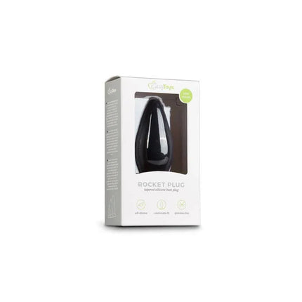 Large Black Silicone Buttplug in packaging showing tapered design for beginners.