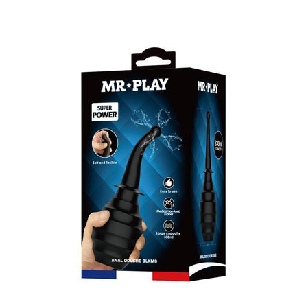 Large Capacity Anal Douche BLKM6 - 330 ml Cleanser in retail packaging, featuring ergonomically curved nozzle for superior hygiene.