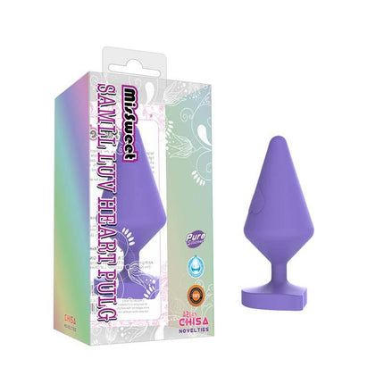 Large Luv Heart Plug Purple Silicone in packaging, body-safe silicone material in vibrant purple, 11 cm long and 4.5 cm wide.