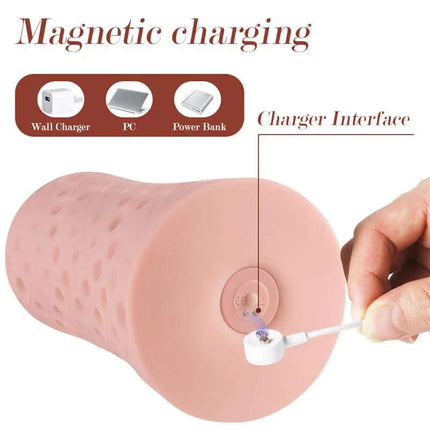 Magnetic charging interface for Large Thrusting Machine II Masturbator with wall charger, PC, and power bank options.