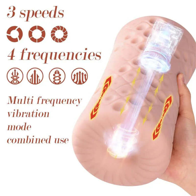 Large Thrusting Machine II Masturbator showcasing 3 speeds and 4 frequency modes for enhanced solo pleasure with hand holding device
