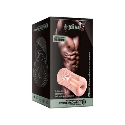 Packaging of Large Thrusting Machine II Masturbator with features like 3 speeds and motorized functions displayed.