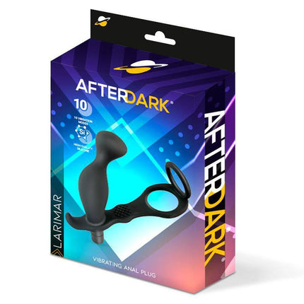 Larimar Vibrating Anal Plug with Penis and Testicles Ring packaging by Afterdark, highlighting 10 vibration functions for multi-angle stimulation.