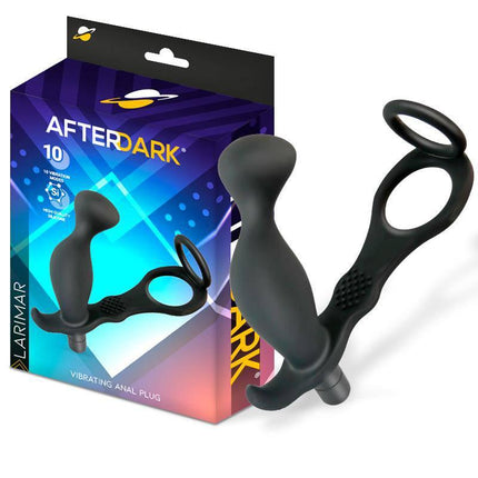 Larimar Vibrating Anal Plug with Penis and Testicles Ring by Afterdark - Black with packaging