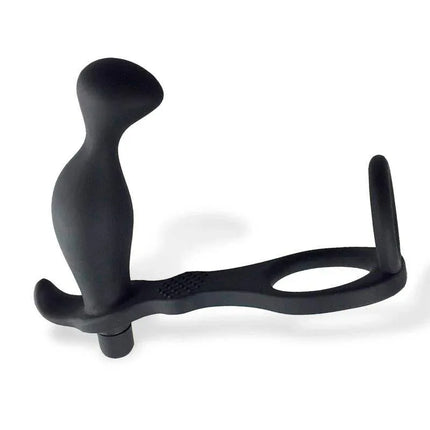 Larimar Vibrating Anal Plug with Penis and Testicles Ring shown against white background, featuring multi-angle stimulation design.