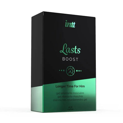 Lasts Gel for Ejaculation Delay 15 ml packaging, designed to prolong intimate moments and enhance connection with kissable texture.