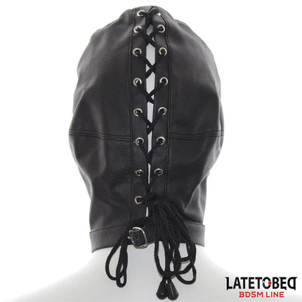 adjustable BDSM submission hood with back lacing straps and buckle from Latetobed BDSM Line