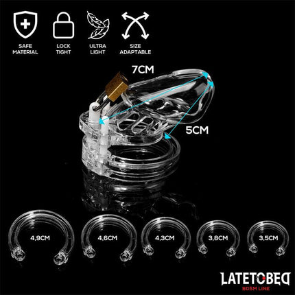 Latetobed clear short chastity cage with lock, adjustable rings and size measurements for secure male chastity play