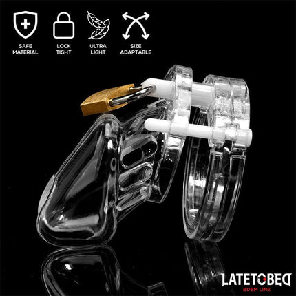 clear short chastity cage by Latetobed, transparent plastic penis cage with lock, adjustable BDSM male chastity device