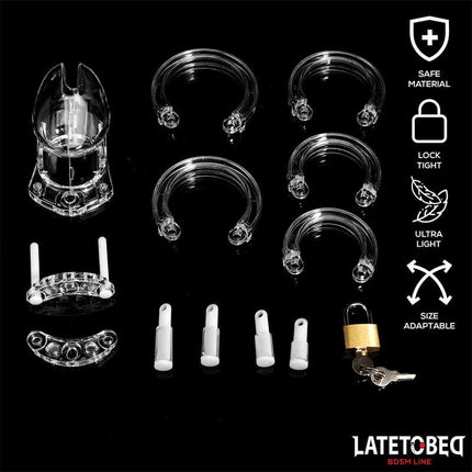 Latetobed BDSM Line clear short chastity cage kit with rings, spacers, lock and keys on black background
