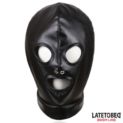 adjustable BDSM submission hood with eye, mouth and nose openings in black faux leather from Latetobed BDSM Line