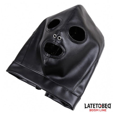 Black leather adjustable BDSM submission hood with eye, mouth and nose openings and back straps from Latetobed BDSM Line