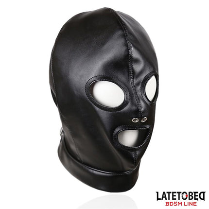 Black adjustable BDSM submission hood with eye and mouth openings, Latetobed BDSM Line mask for intense bondage play