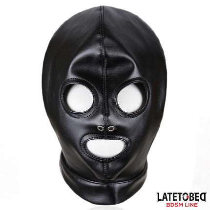adjustable BDSM submission hood with back straps, black bondage mask with eye, nose and mouth openings from Latetobed BDSM line