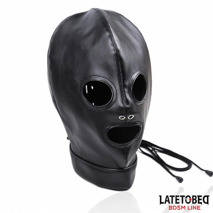 adjustable BDSM submission hood black leather mask with back straps, eye nose and mouth openings from Latetobed BDSM line