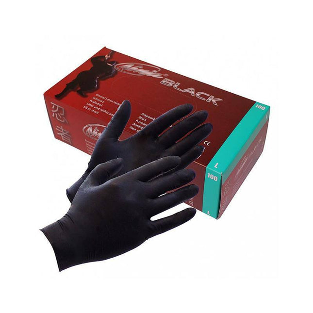 Latex Disposable Gloves 100 Pieces - box and black gloves shown, ideal for hairdressers, tattoo artists, doctors, and chefs.