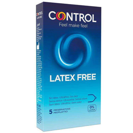 Latex Free Condoms - 5 Pack in blue packaging, hypoallergenic polyurethane, transparent, suitable for latex-sensitive users.