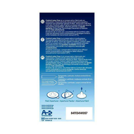 Back packaging of Latex Free Condoms - 5 Pack featuring usage instructions and product details in multiple languages.