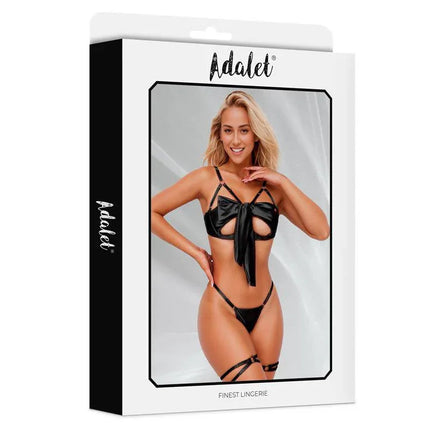 Lauren Bra, Panties and Leg Ring set in packaging showcasing open-cup bra with black bow, thong, and garters.