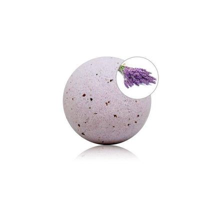 Lavender Aroma Bath Bomb with Rose Petals 140 gr in spherical shape, showcasing purple hue with specks