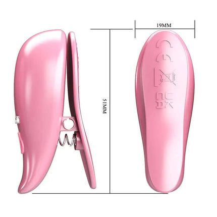 Leaf Vibrating Nipple Clamps in pink, shown with measurements; 10 vibration functions for versatile intimate stimulation.