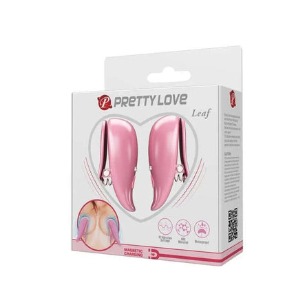 Leaf Vibrating Nipple Clamps in packaging with 10 vibration functions and magnetic USB charging for customizable stimulation.