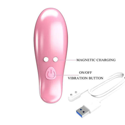 Close-up of Leaf Vibrating Nipple Clamps with magnetic charging and vibration button, featuring versatile USB cable for intimate use.