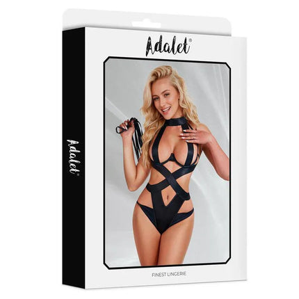 Leah Teddy Black lingerie by Adalet with interconnected straps, model on package