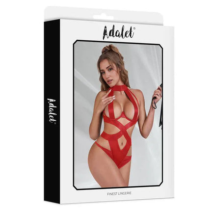 Leah Teddy Red lingerie by Adalet in packaging, showcasing bold strap design and open underwire bra for a powerful, sexy look.