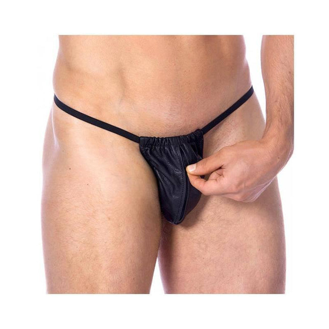 Leather Adjustable G-string One size for men with soft leather panel and elastic waistband, minimal and bold underwear design.