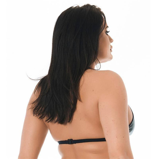 Leather Bra One size shown from the back on a model, highlighting neck-attached hands-free design and premium leather material.