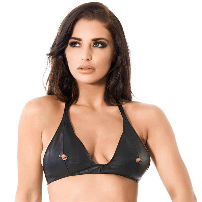Model wearing Leather Bra One size with provocative design, featuring leather material and adjustable neck and back buckles.