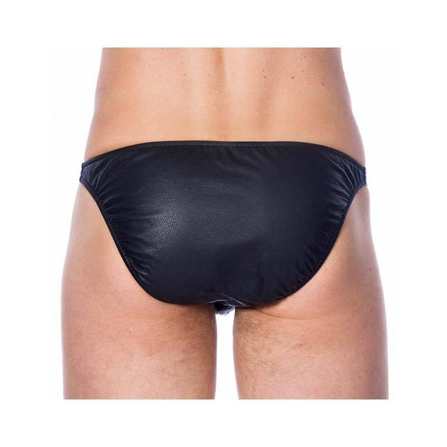 Leather Briefs Black with premium leather and elastic waistband for ultimate comfort and durability, shown on model from the back view.