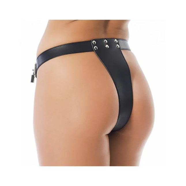 Rear view of Leather Chastity Briefs Adjustable in black full-grain leather with open crotch design and secure fastenings.