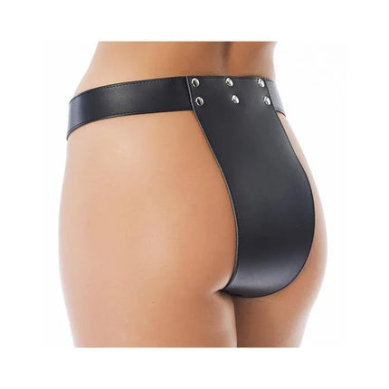 Leather Chastity Briefs with Padlocks in genuine leather, showcasing secure, comfortable fit and durable construction for consensual restraint.