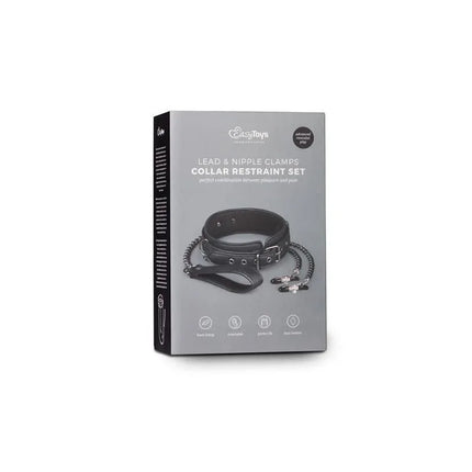 Box of the Leather Collar With Nipple Chains set, featuring a black faux leather collar and attached nipple clamps for bondage play.