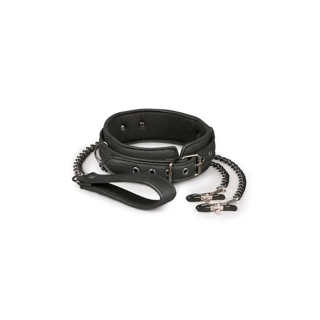 Leather Collar With Nipple Chains, premium faux leather bondage accessory with secure fit and nipple clamps for intimate power play.