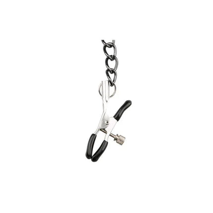 Close-up of nipple clamp from Leather Collar With Nipple Chains, featuring adjustable design and faux leather elements.