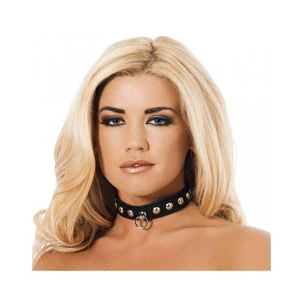Woman wearing Leather Collar with Rivets, black leather accessory with metal detailing, adjustable for size and comfort.