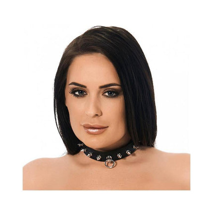 Model wearing Leather Collar with Spikes in black genuine leather, featuring an adjustable fit and bold design for confident BDSM play.