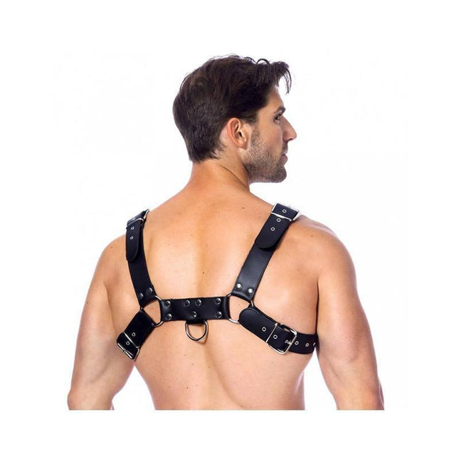 Leather Cross Harness on model showing back view with crossed design and sturdy ring hardware for versatile play.