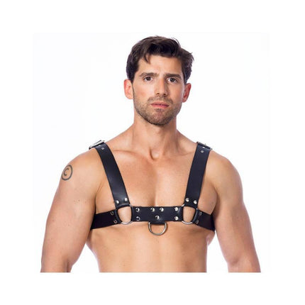 Man wearing Leather Cross Harness with ring hardware for versatile play.