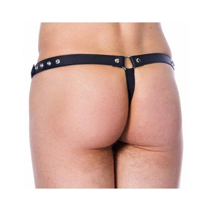 Leather G-string Adjustable Black - Minimal coverage thong with custom fit waist from 82 cm to 114 cm, showcasing bold style.
