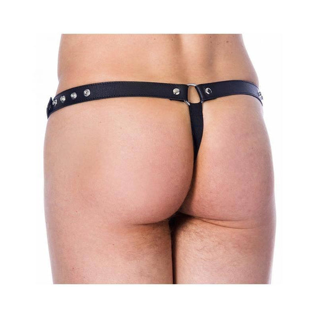 Leather G-string Adjustable Black - Minimal coverage thong with custom fit waist from 82 cm to 114 cm, showcasing bold style.